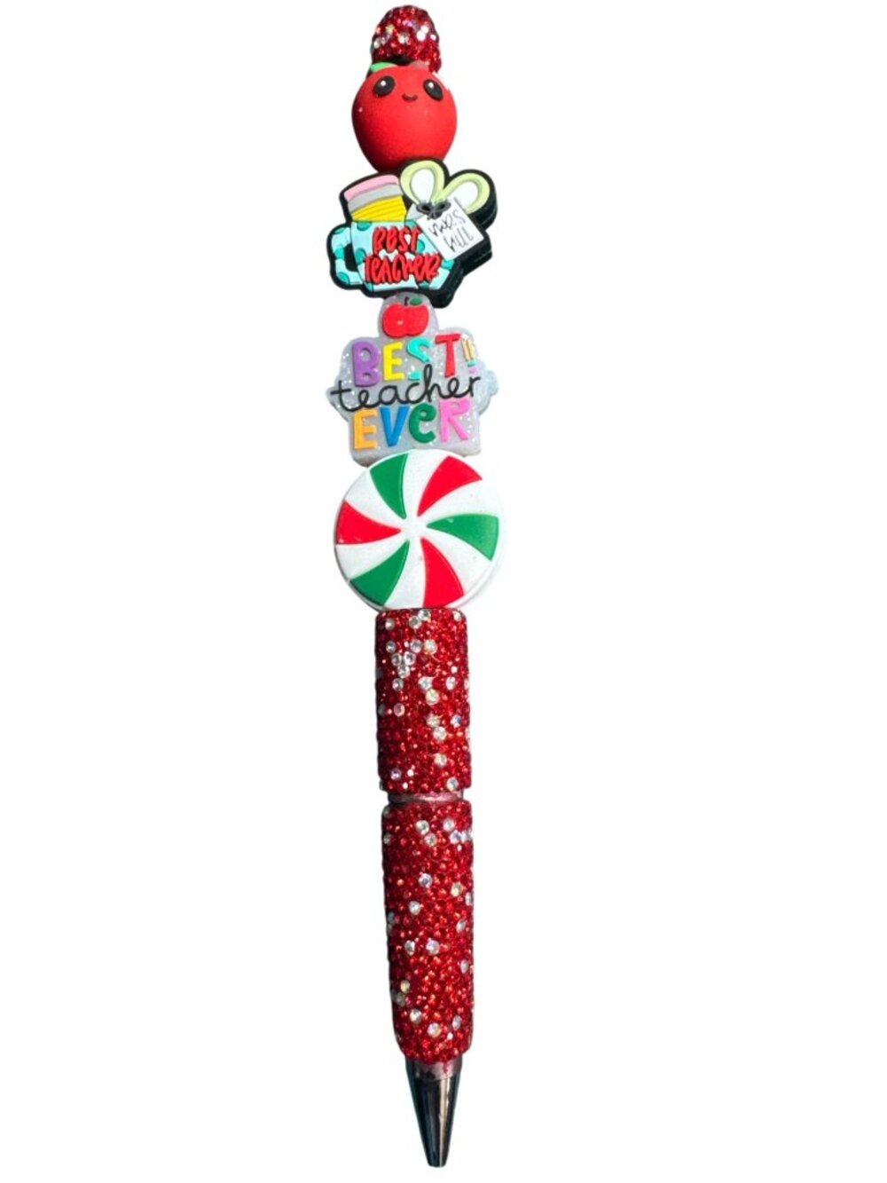 Best Teacher Ever Red Glitter Pen With Fun Apple & Peppermint Designs